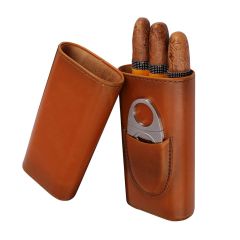 3-Cigar Portable Cowhide Leather Cigar Traveling Case with Silver Cigar Cutter