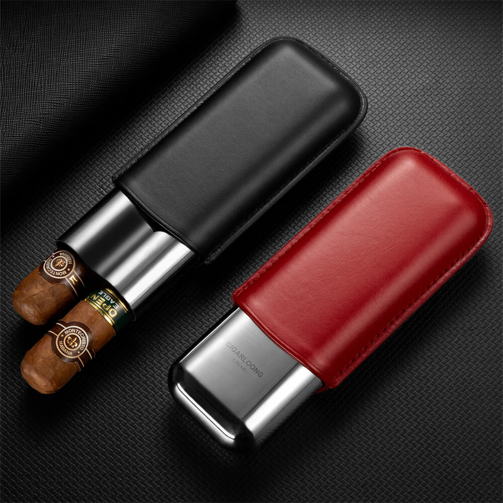 Stainless Steel Cigar Case Cow Leather Cigar Humidor Case
